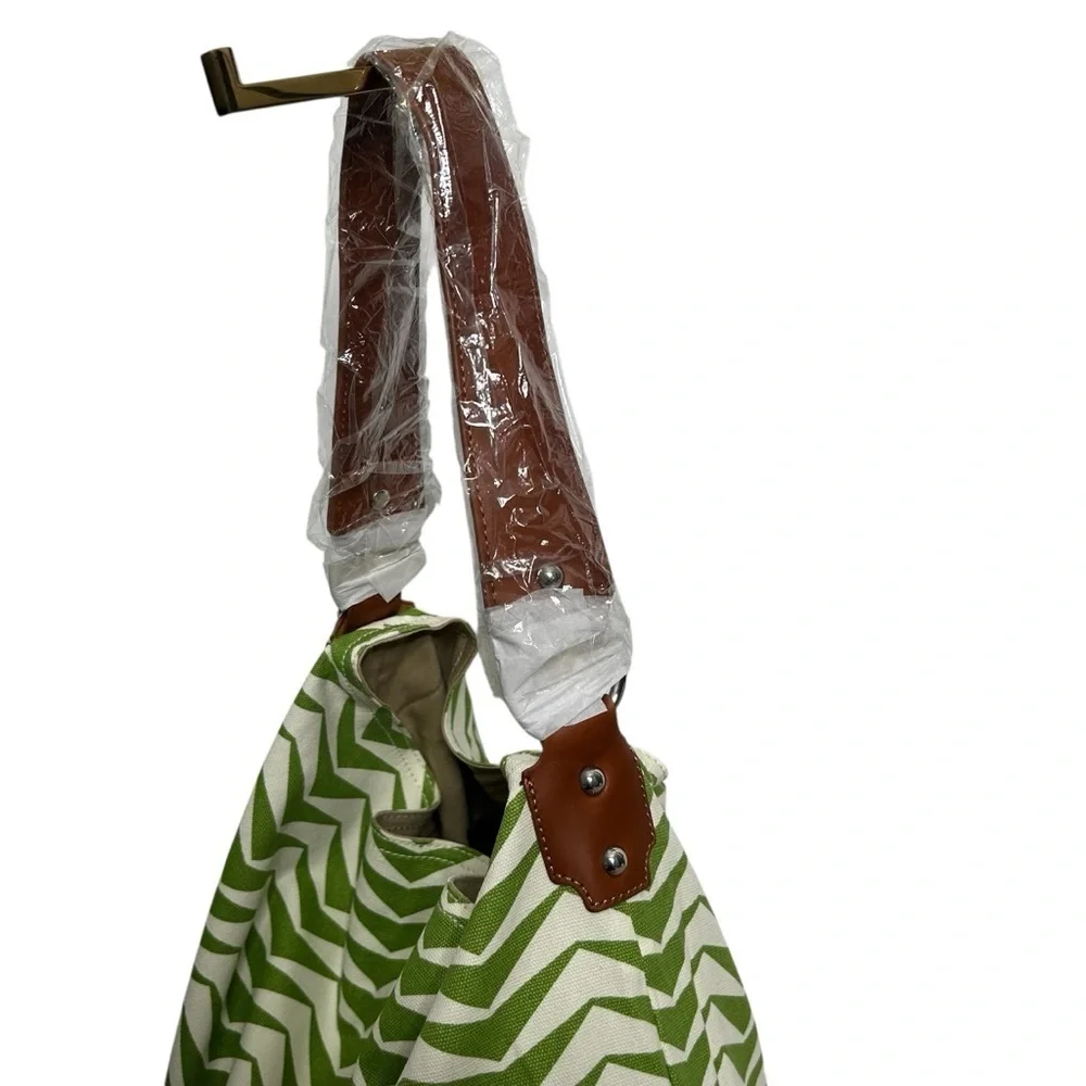 Halsea Dunes Bucket Bag Green Chevron Leather Trim Cotton Canvas Beach Chic Bag